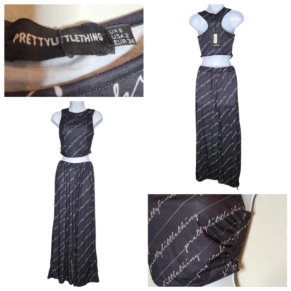 NWT PrettyLittleThing Lounge Set Grey Script Crop Top And Wide Leg Pants‎ 2 XS